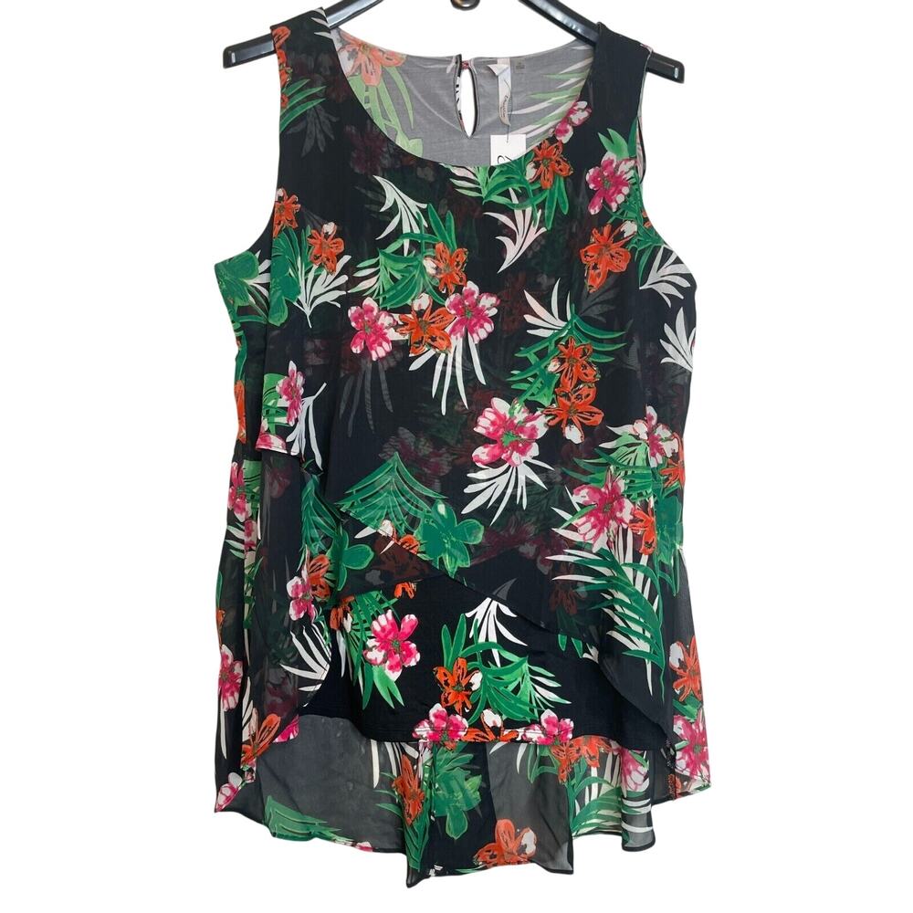 NY Collection Womens Floral Print  Sleeveless Blouse High-Low Hem Size 2X